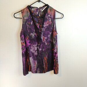 T Tahari 100% silk y2k ruffley business women luxury dark floral flowy blouse